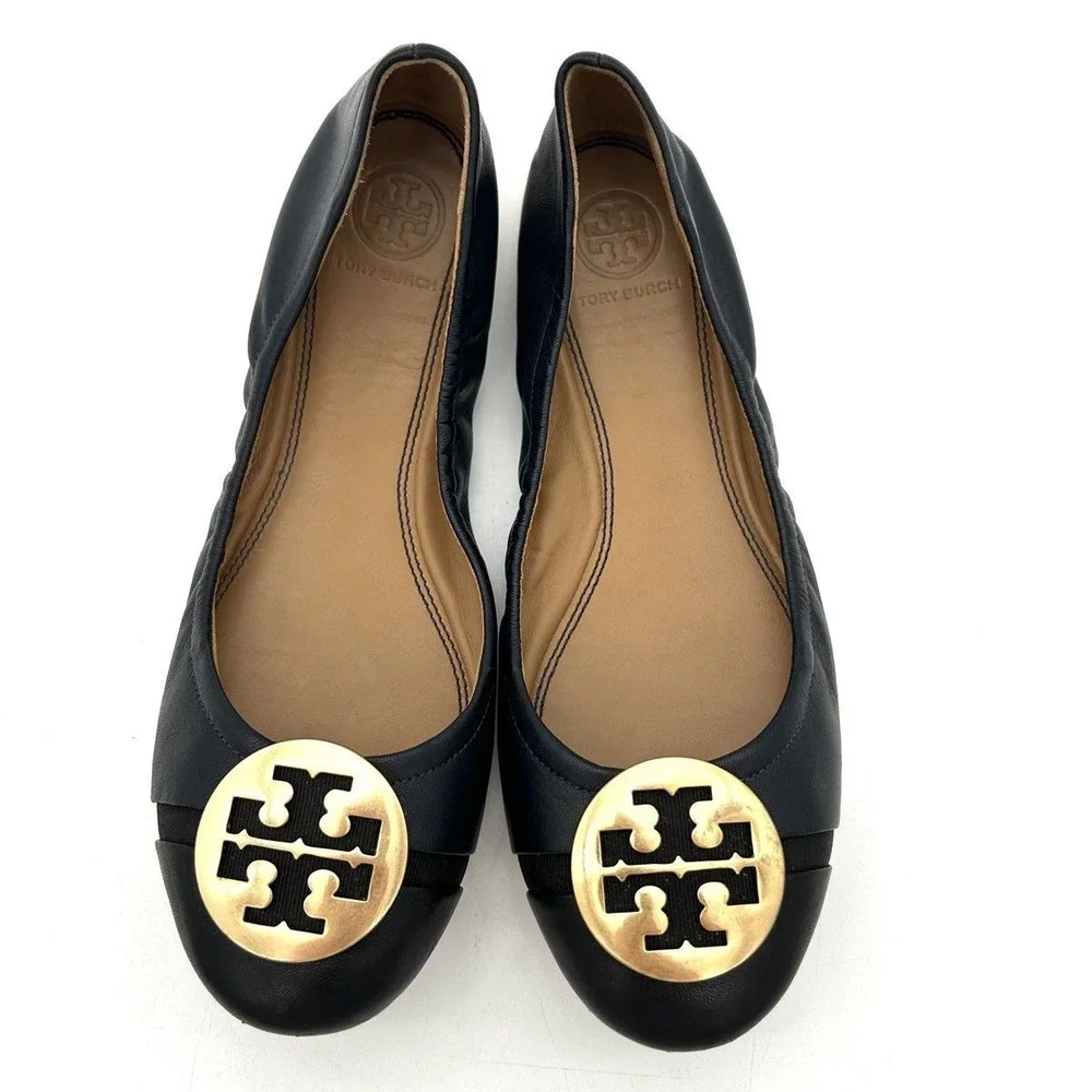 Tory Burch Reva Scrunch Navy Black Leather Ballet Flats Gold Logo Size 6.5M
